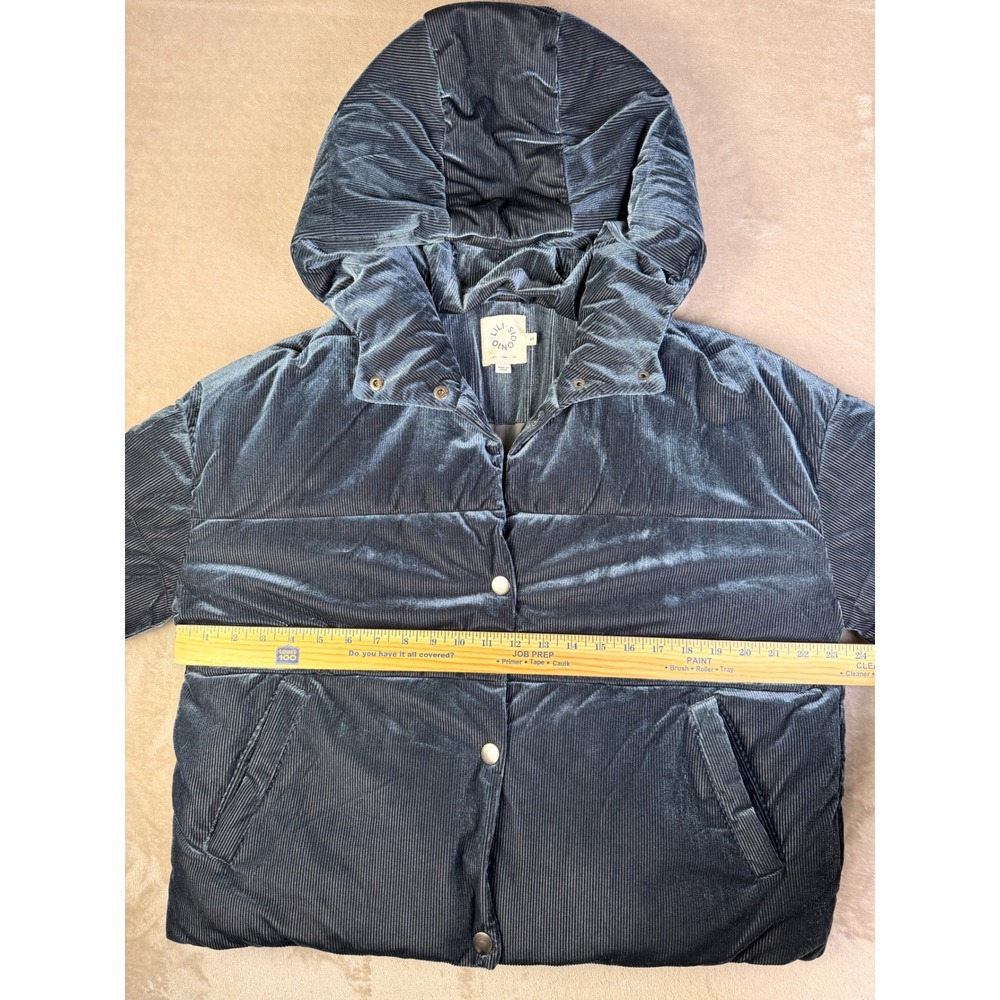 Lili Sidonio Womens Velvet Corduroy Puffer Jacket Small Blue Hooded Quilted Coat - Picture 8 of 12